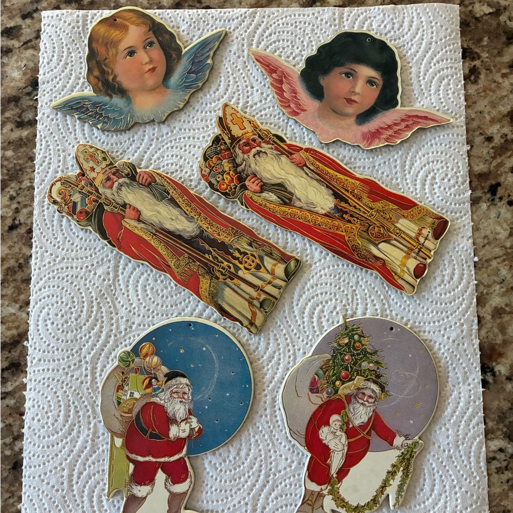 Bundle/Vintage Holiday Angel and Santa cardboard Cutouts/ornaments